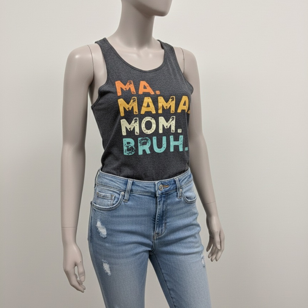 Womens Graphic "ma mama mom bruh" muscle tee - Gray with Multicolor graphics